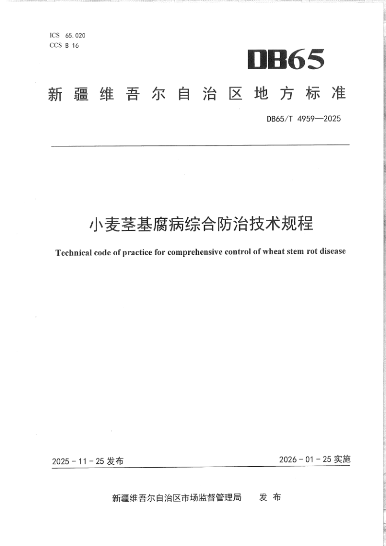 DB65/T 4959-2025 小麦茎基腐病综合防治技术规程