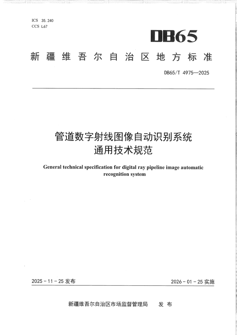 DB65/T 4975-2025 管道数字射线图像自动识别系统通用技术规范