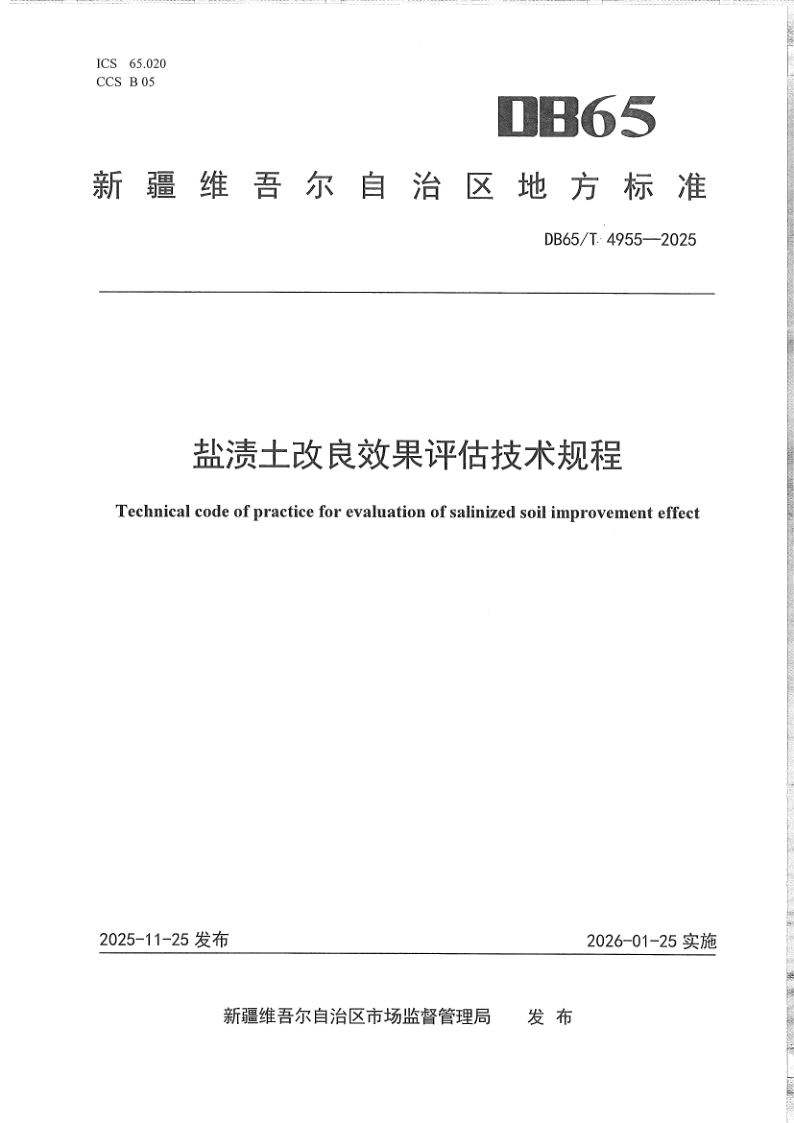 DB65/T 4955-2025 盐渍土改良效果评估技术规程