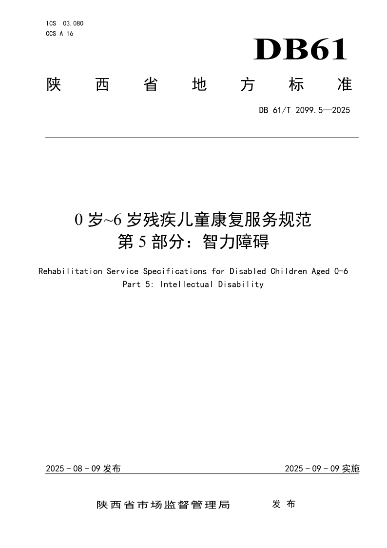 DB61/T 2099.5-2025 0岁～6岁残疾儿童康复服务规范 第5部分：智力障碍