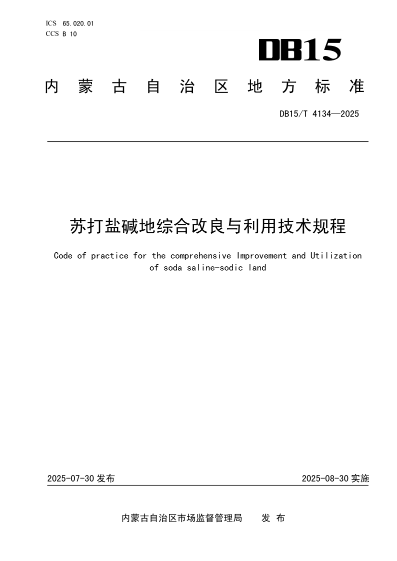 DB15/T 4134-2025 苏打盐碱地综合改良与利用技术规程