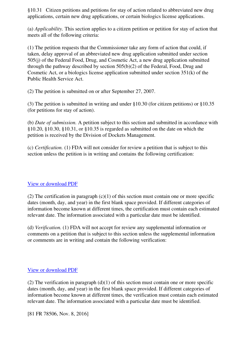 21CFR 10.31-2018 Citizen petitions and petitions for stay of action related to abbreviated new drug applications, ...
