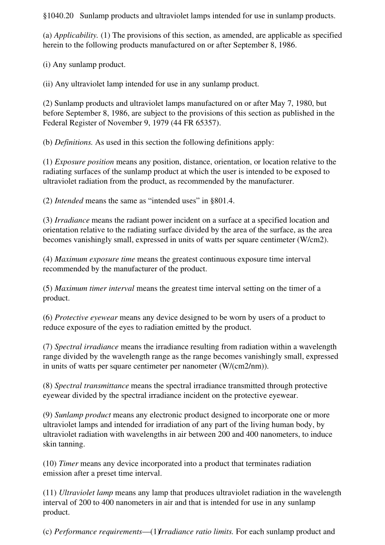 21CFR 1040.20-2018 Sunlamp products and ultraviolet lamps intended for use in sunlamp products.