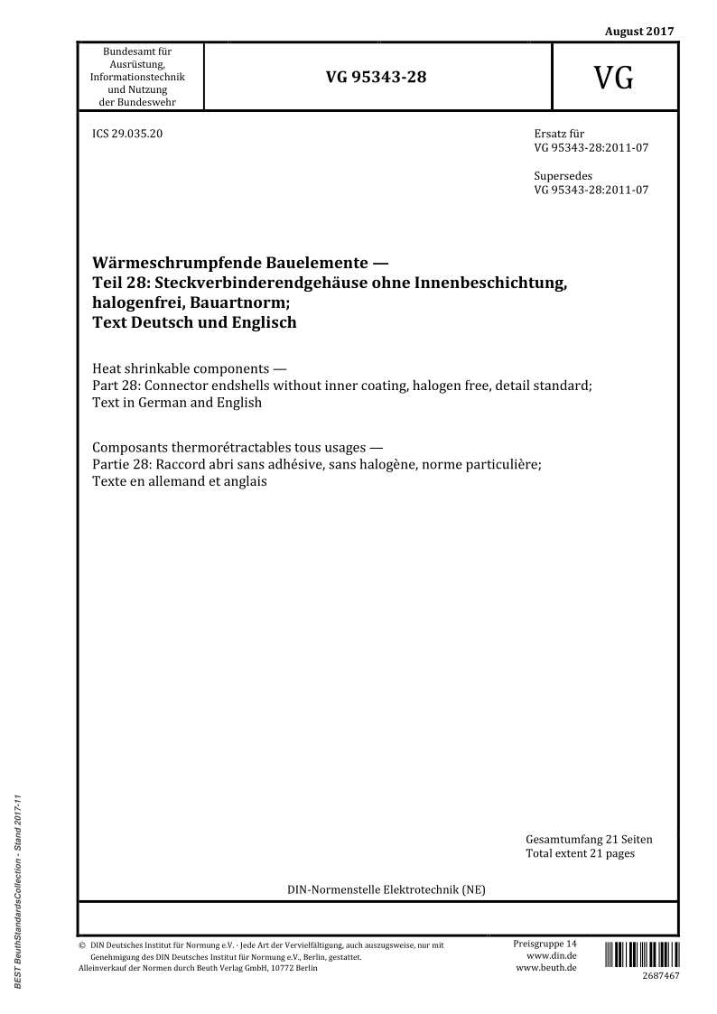 VG 95343-28-2017 Heat shrinkable components - Part 28: Connector endshells without inner coating, halogen free, de...