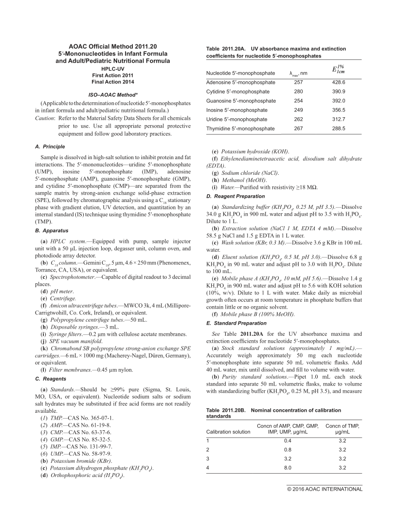 AOAC 2011.20-2014 5'-Mononucleotides in Infant Formula and Adult/Pediatric Nutritional Formula