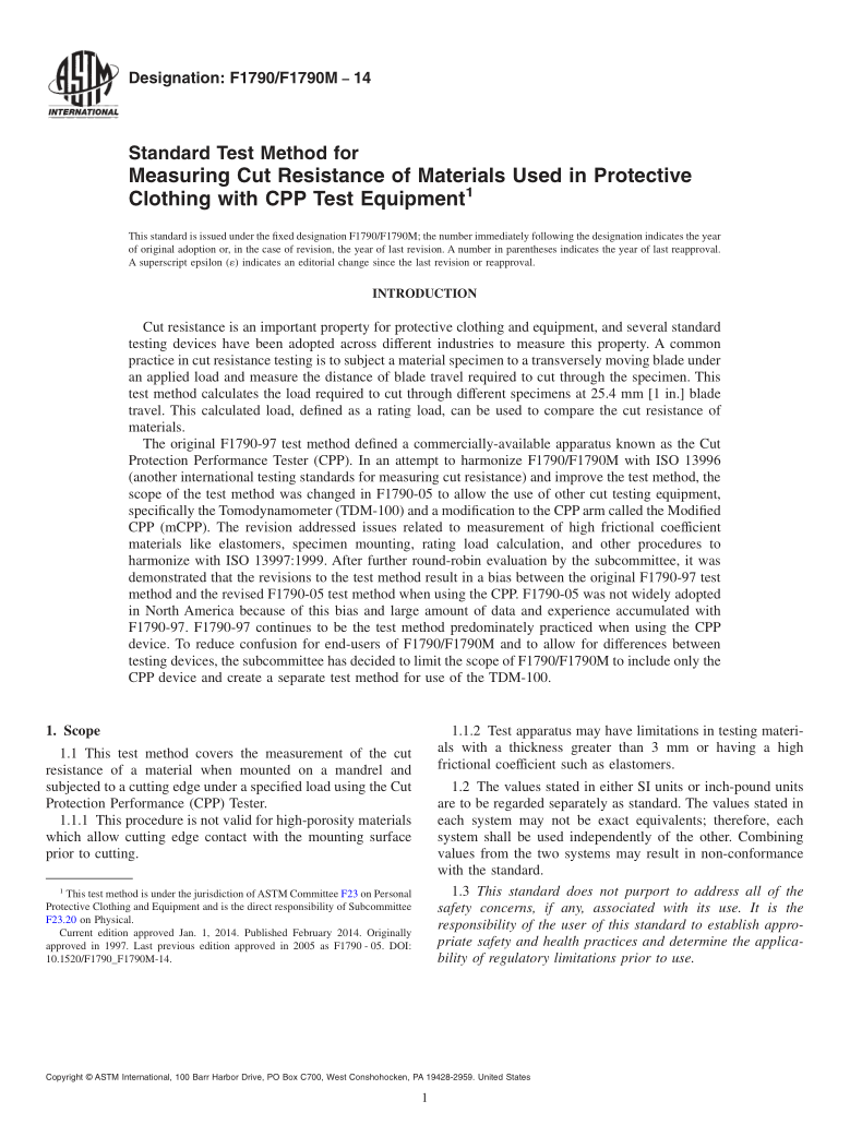 ASTM F1790/F1790M-2014 Standard Test Method for Measuring Cut Resistance of Materials Used in Protective Clothing ...