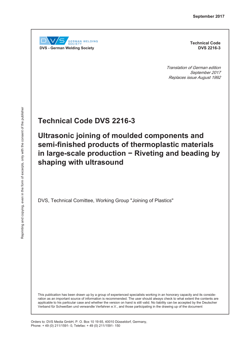 DVS 2216-3-2017 Ultrasonic joining of moulded components and semi-finished products of thermoplastic materials in ...