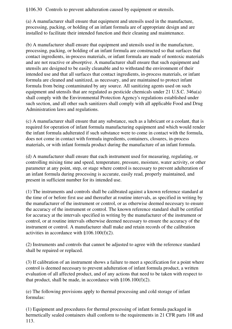 21CFR 106.30-2018 Controls to prevent adulteration caused by equipment or utensils.