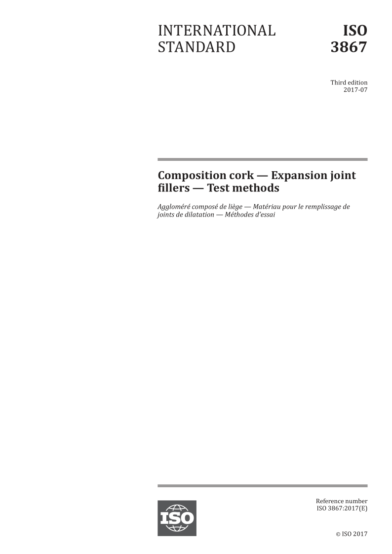 ISO 3867-2017 Composition cork -- Expansion joint fillers -- Test methods