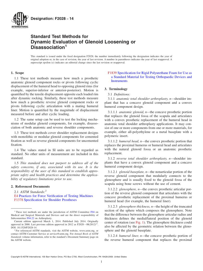 ASTM F2028-2014 Standard Test Methods for Dynamic Evaluation of Glenoid Loosening or Disassociation