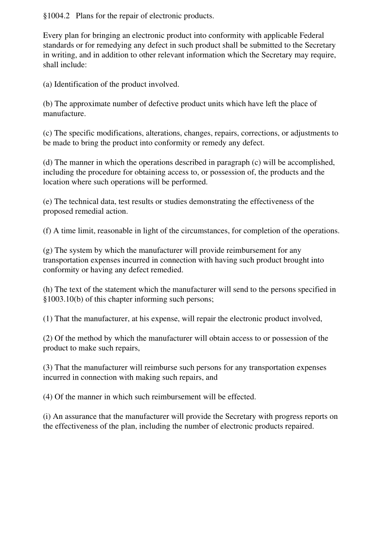 21CFR 1004.2-2018 Plans for the repair of electronic products.