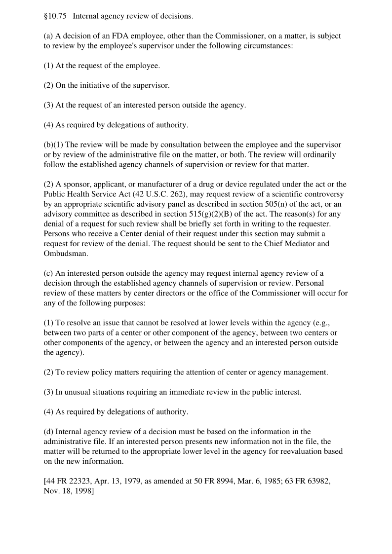 21CFR 10.75-2018 Internal agency review of decisions.