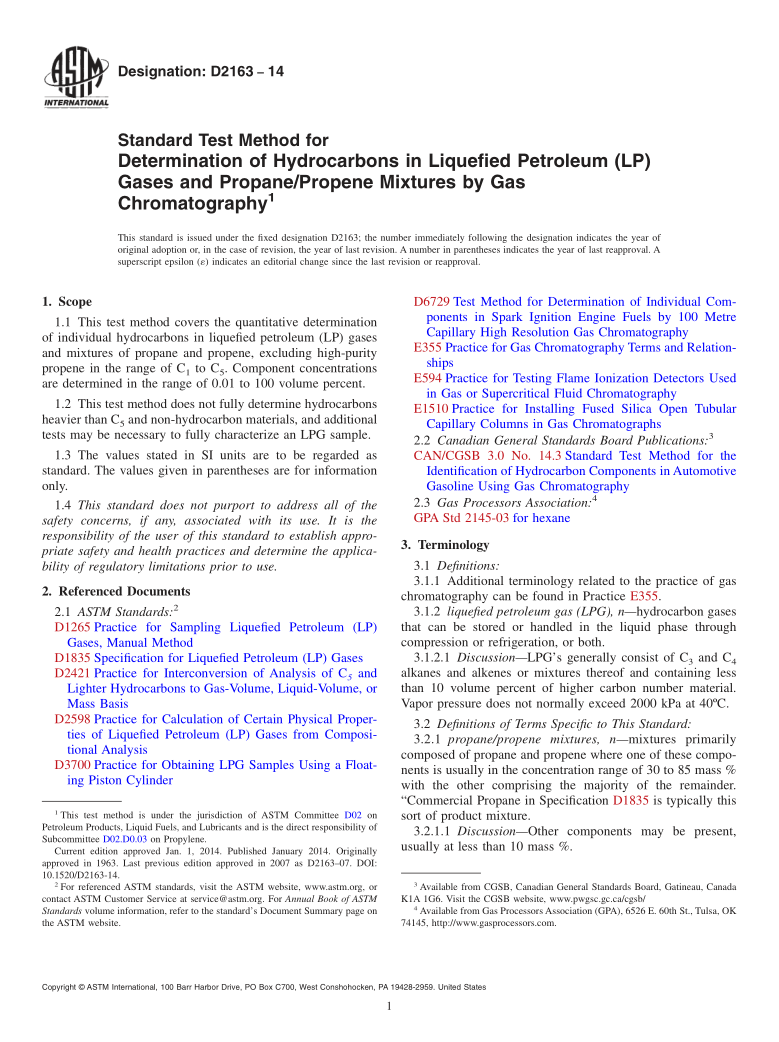 ASTM D 2163-2014 Standard Test Method for Determination of Hydrocarbons in Liquefied Petroleum (LP) Gases and Prop...