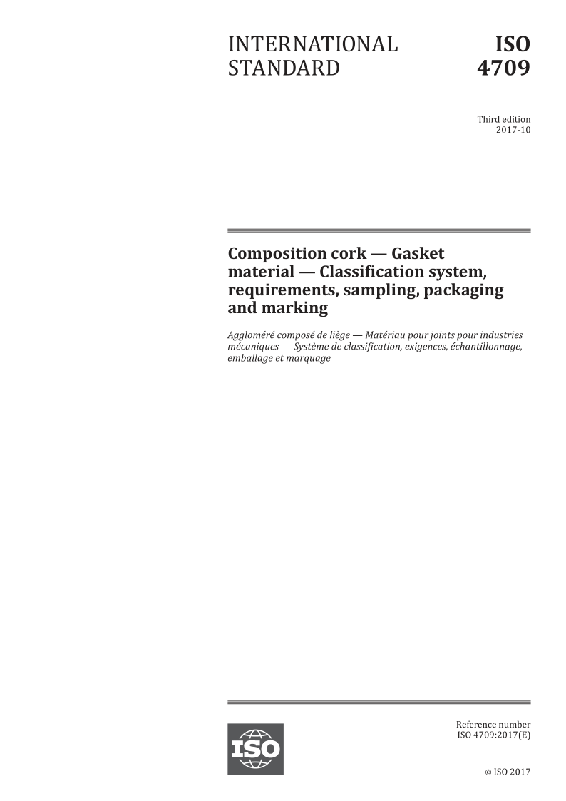 ISO 4709-2017 Composition cork -- Gasket material -- Classification system, requirements, sampling, packaging and ...