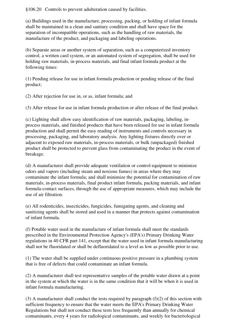 21CFR 106.20-2018 Controls to prevent adulteration caused by facilities.