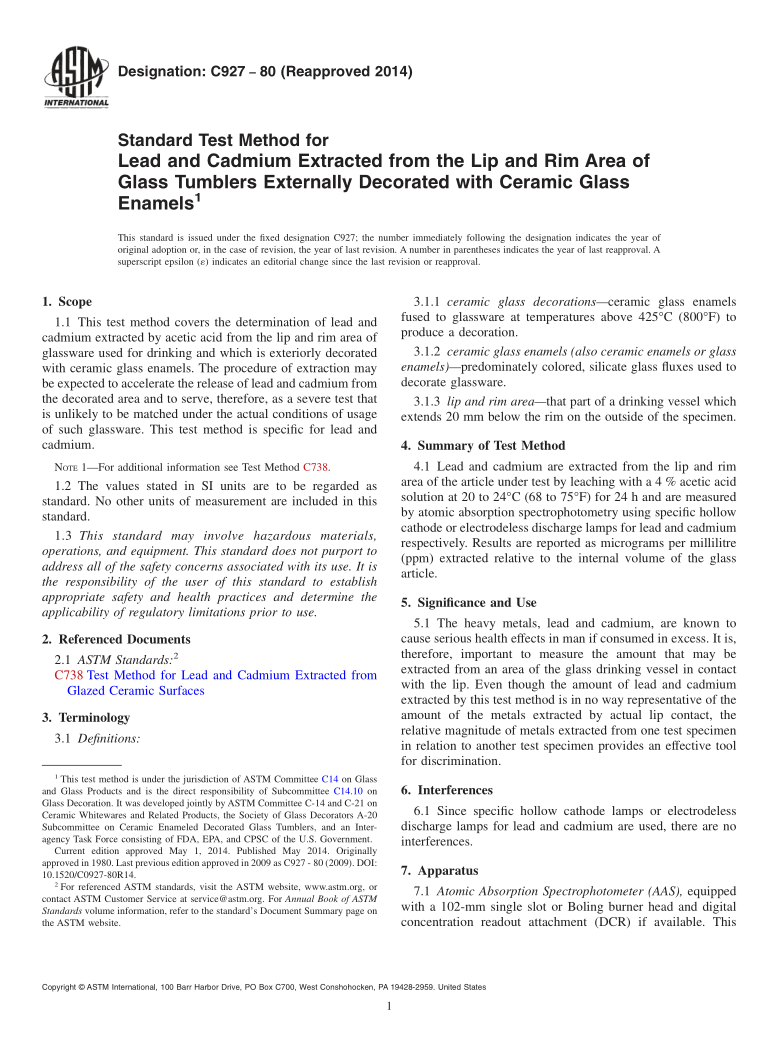 ASTM C927-1980COF1-2014 Standard Test Method for Lead and Cadmium Extracted from the Lip and Rim Area of Glass Tum...