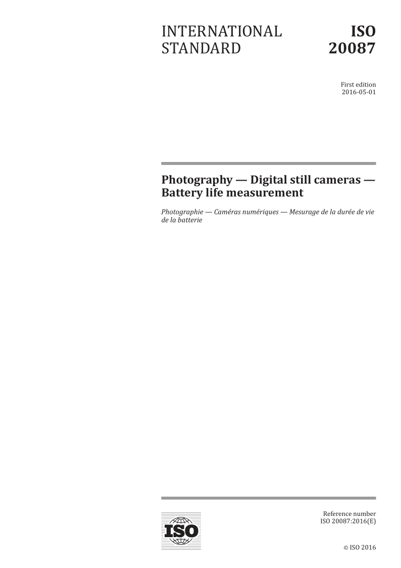 ISO 20087-2016 Photography - Digital still cameras - Battery life measurement - First Edition