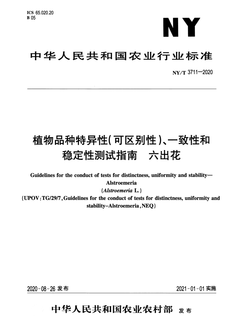 NY/T 3711-2020 植物品种特异性（可区别性）、一致性和稳定性测试指南 六出花