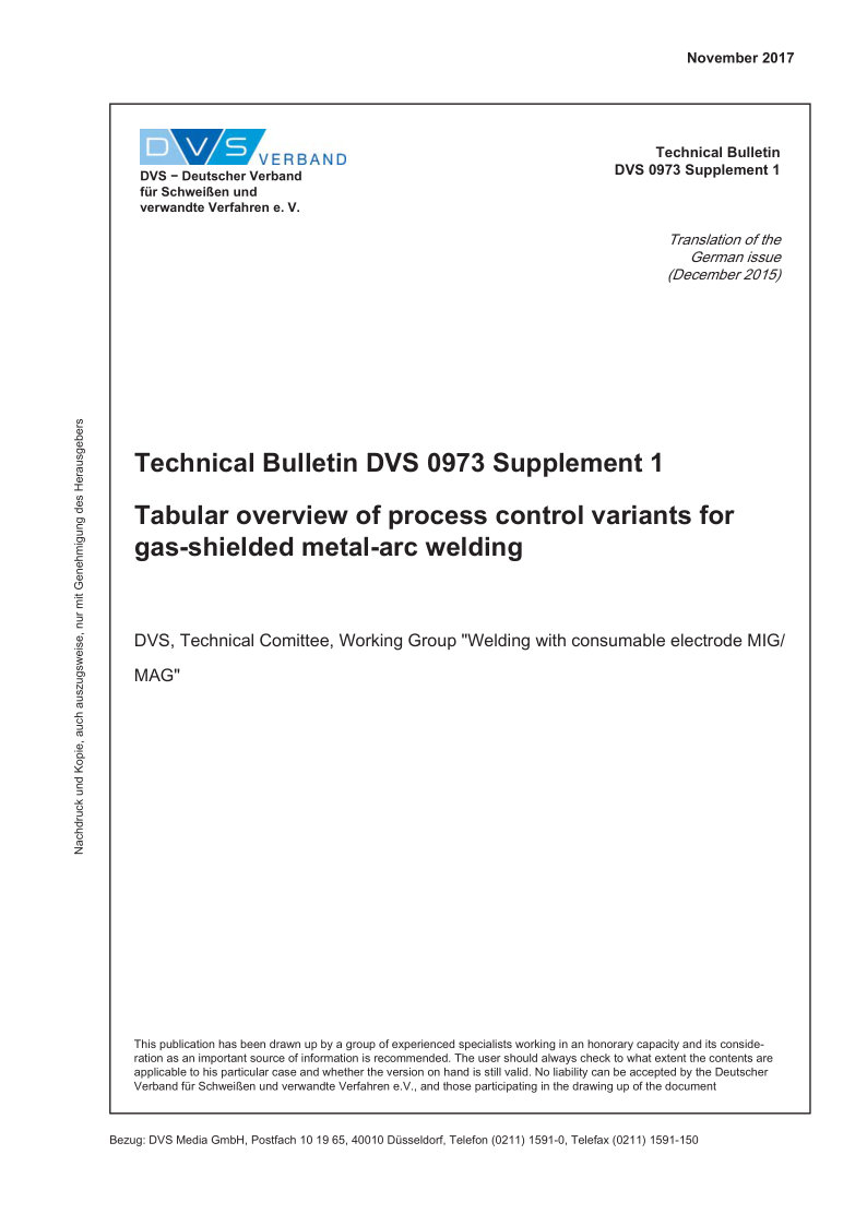 DVS 0973 BEIBLATT 1-2015 Tabellarische Uebersicht der Prozessregelvarianten des MSG-Schweissens