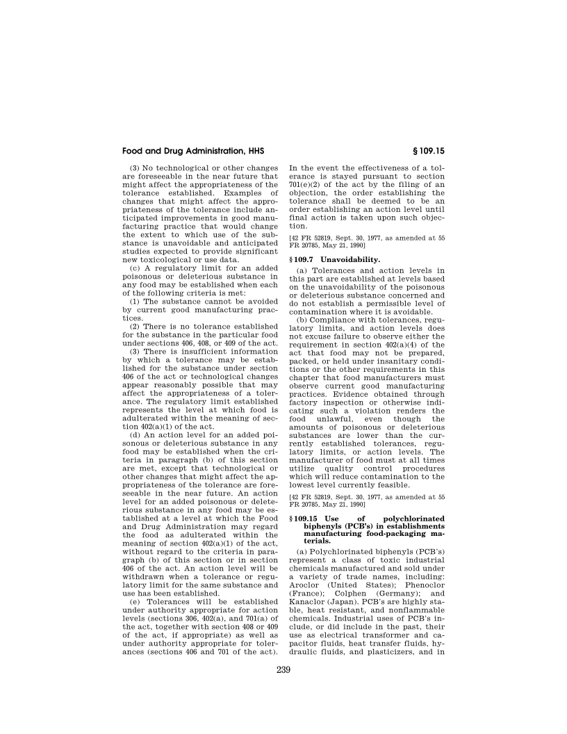 21 CFR 109.7-2014 污染物的不可避免性法规
