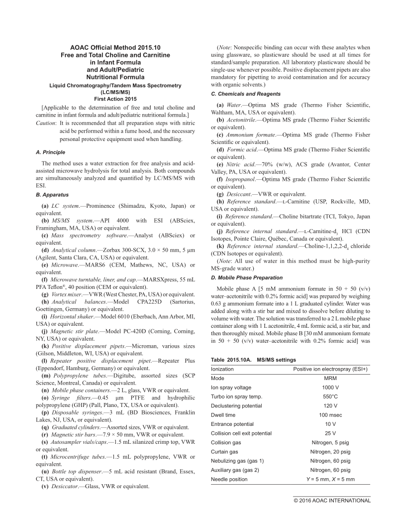 AOAC 2015.10-2015 Free and Total Choline and Carnitine in Infant Formula and Adult/Pediatric Nutritional Formula L...