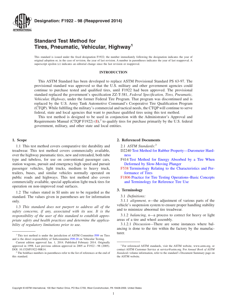 ASTM F1922-1988COF1-2014 Standard Test Method for Tires, Pneumatic, Vehicular, Highway