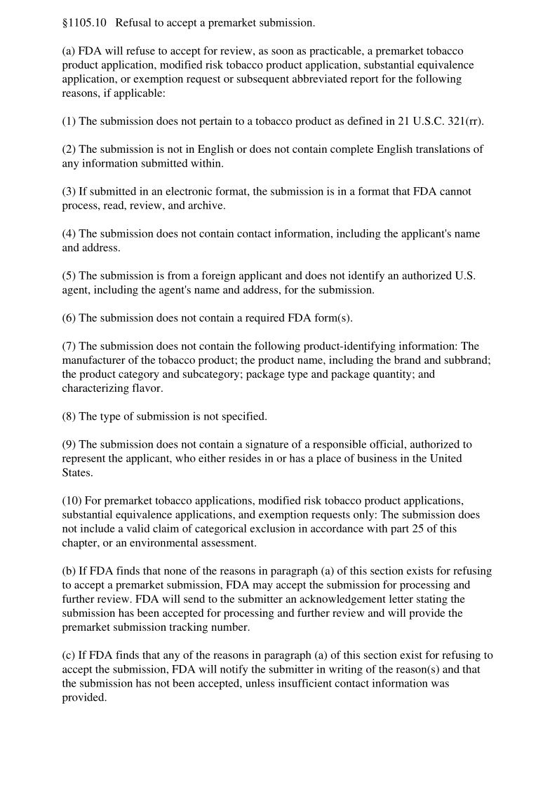 21CFR 1105.10-2018 Refusal to accept a premarket submission.