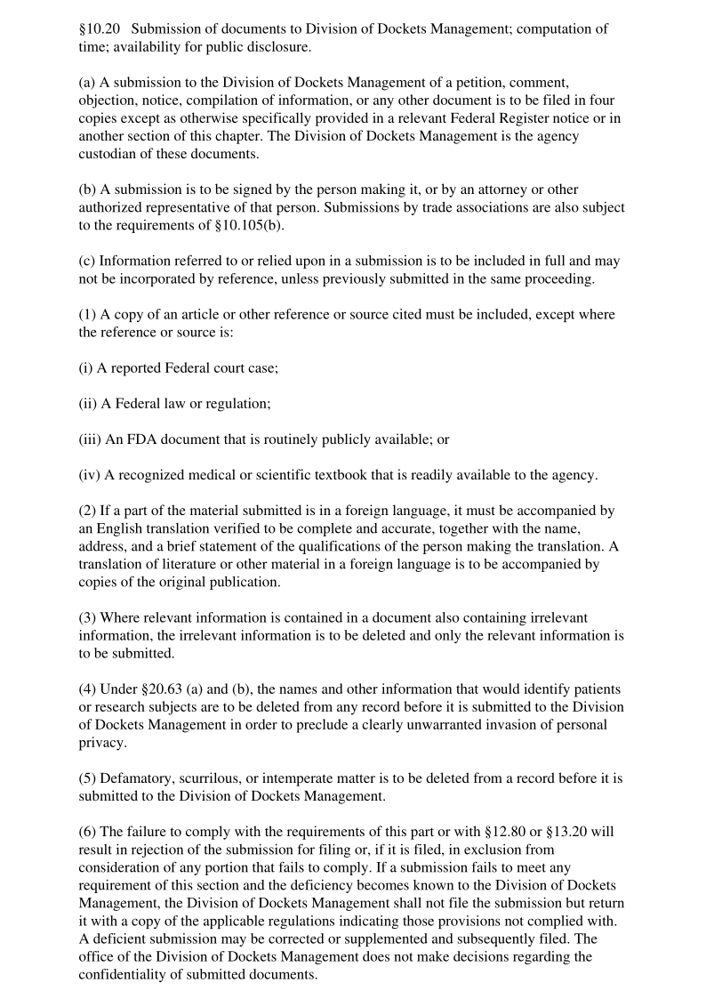 21CFR 10.20-2018 Submission of documents to Division of Dockets Management; computation of time; availability for ...