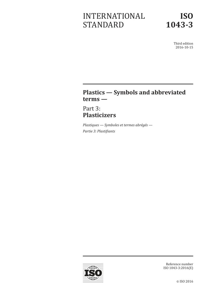 ISO 1043-3-2016 Plastics -- Symbols and abbreviated terms -- Part 3: Plasticizers
