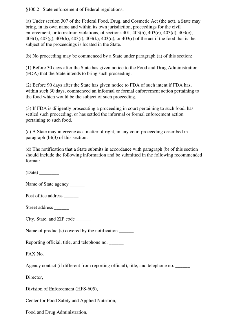 21CFR 100.2-2018 联邦法规在州的执行