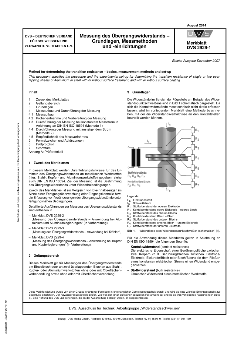 DVS 2929-1-2014 Messung Des Uebergangswiderstandes - Grundlagen, Messmethoden Und -Einrichtungen