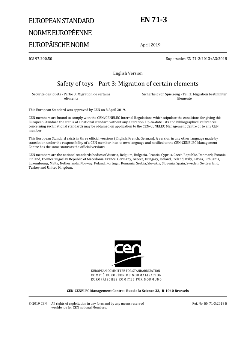 EN 71-3-2019 Safety of toys - Part 3: Migration of certain elements