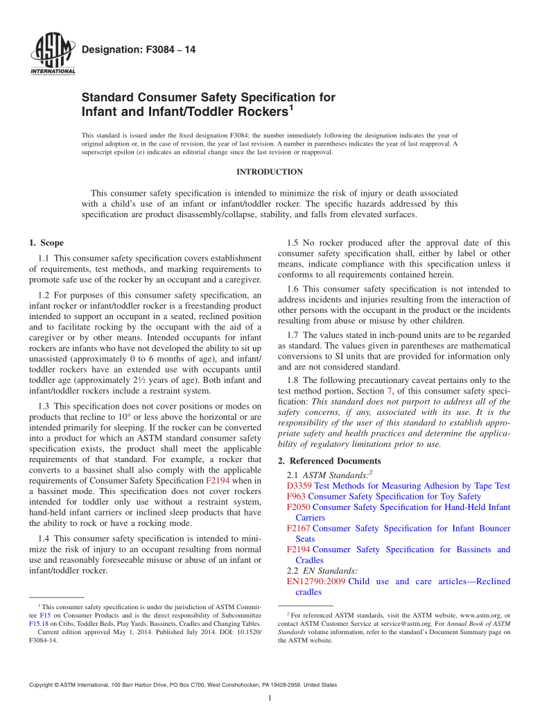 ASTM F3084-2014 Standard Consumer Safety Specification for Infant and Infant/Toddler Rockers1