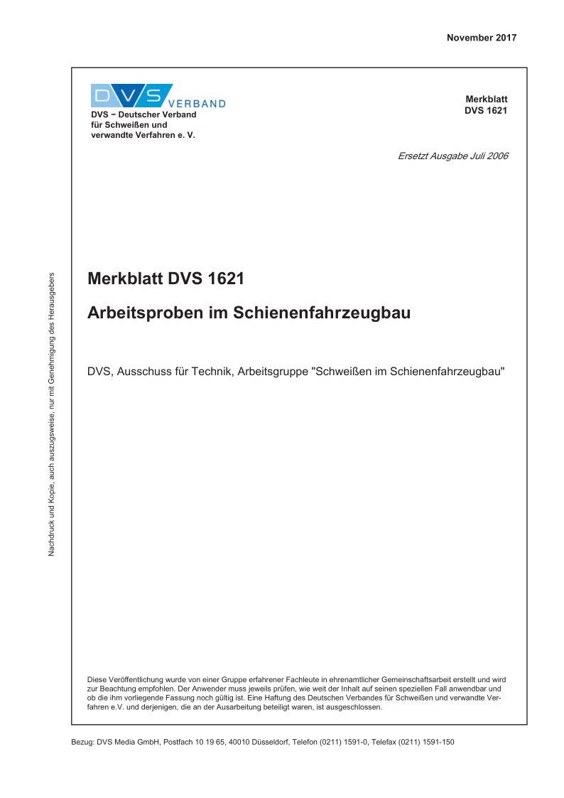 DVS 1621-2017 Arbeitsproben im Schienenfahrzeugbau