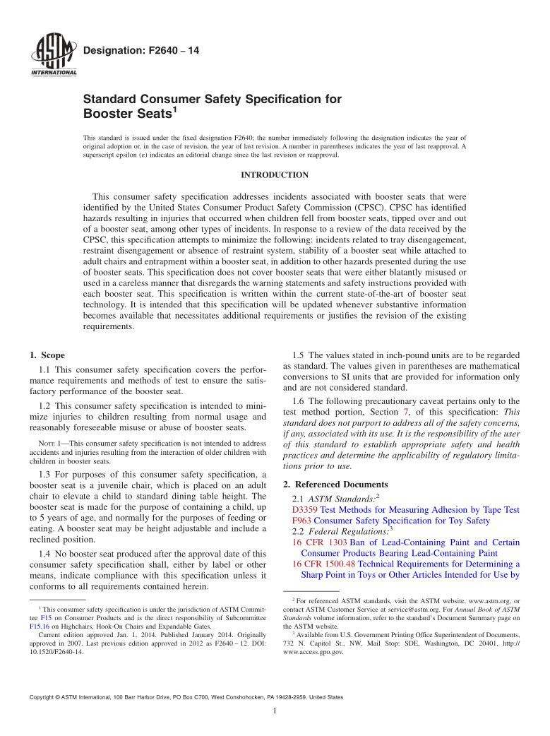 ASTM F2640-2014 Standard Consumer Safety Specification for Booster Seats
