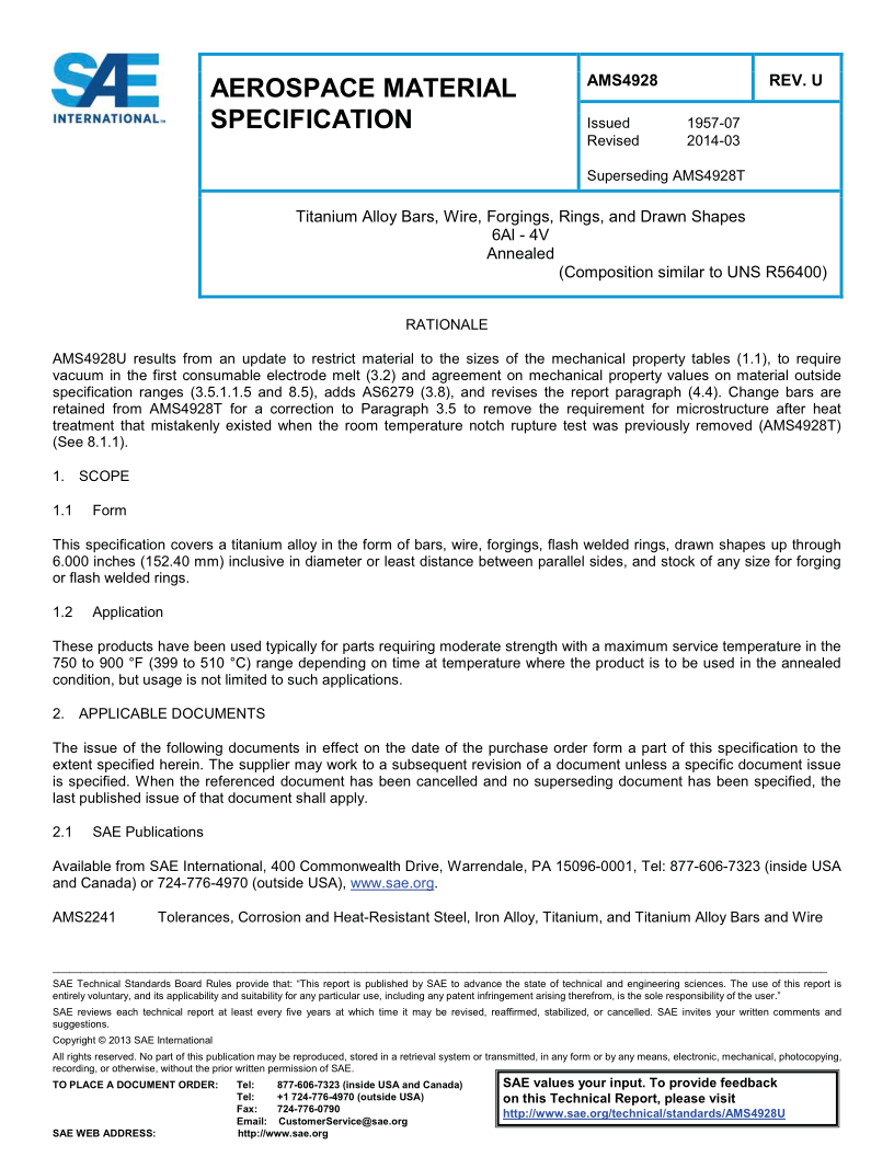 SAE AMS 4928U-2014 AEROSPACE MATERIAL SPECIFICATION