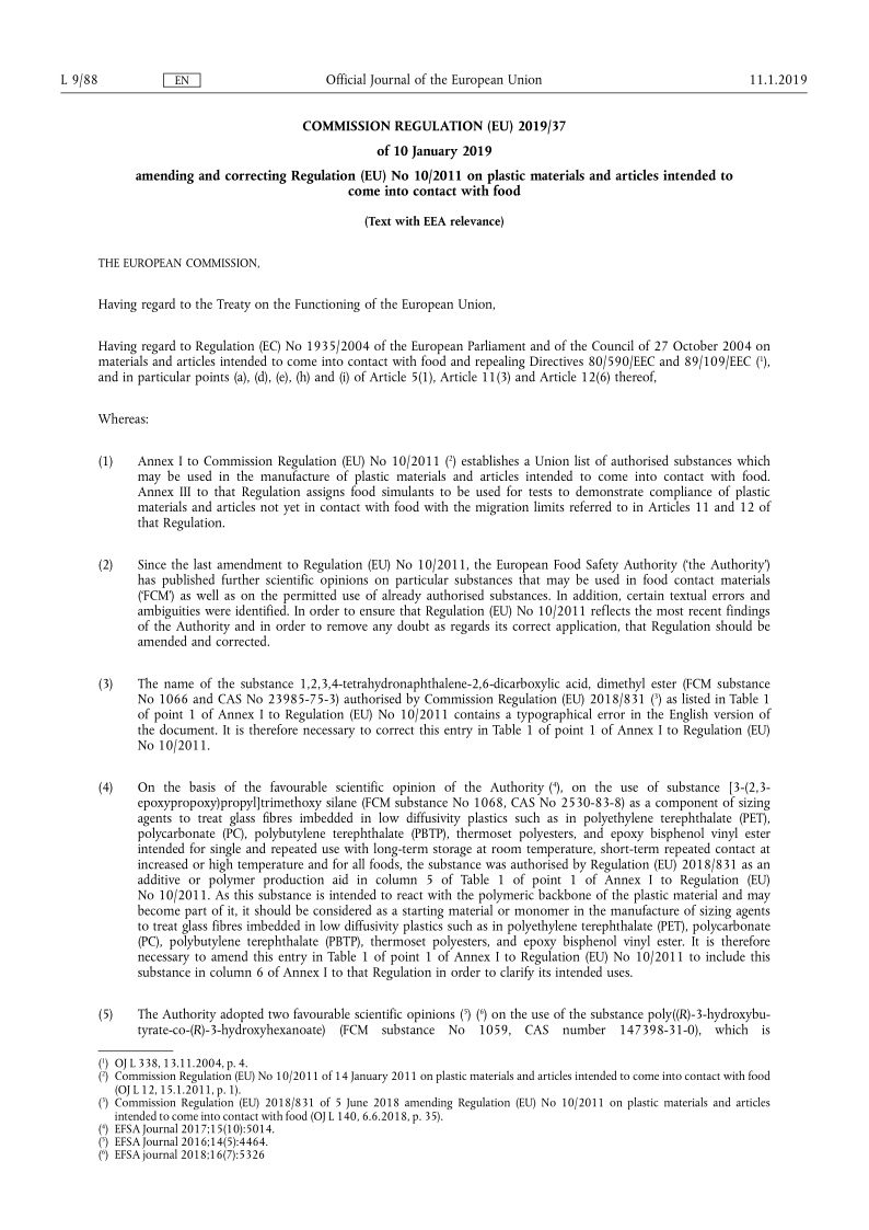 EU 2019/37-2019 （EU）2019/37，修订食品接触塑料材料法规（EU）No 10/2011附件I和附件III