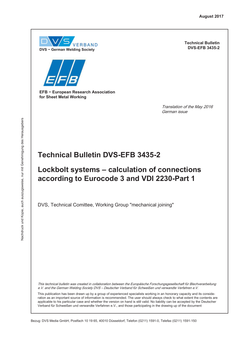DVS-EFB 3435-2-2016 Schliessringbolzensysteme - Berechnung von Verbindungen nach Eurocode 3 und VDI 2230 Blatt 1