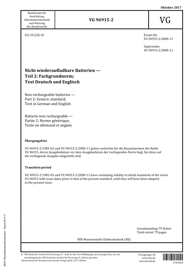 VG 96915-2-2017 Non-rechargeable batteries - Part 2: Generic standard; Text in German and English