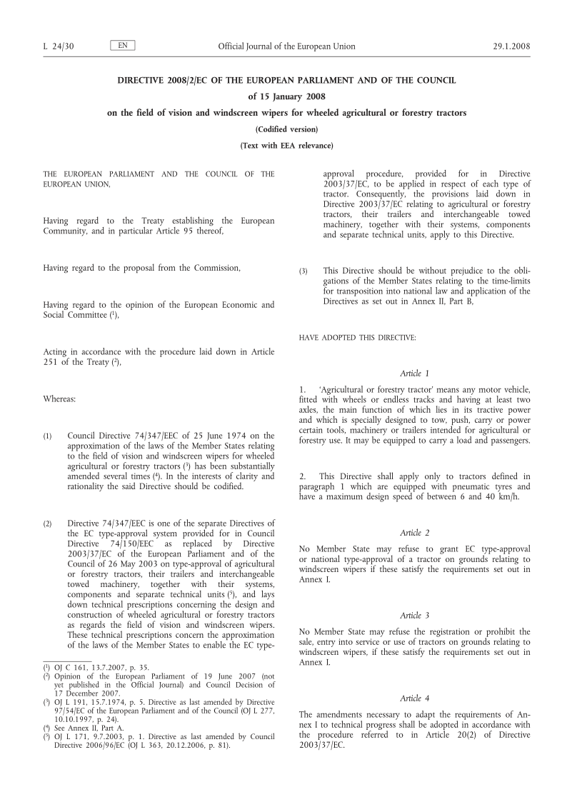 2008-2 EC-2008 欧洲议会和理事会对轮式农用或林用拖拉机的视野和挡风玻璃雨刮的指令:编纂版本[内容与欧洲经济区(EEA)相关]