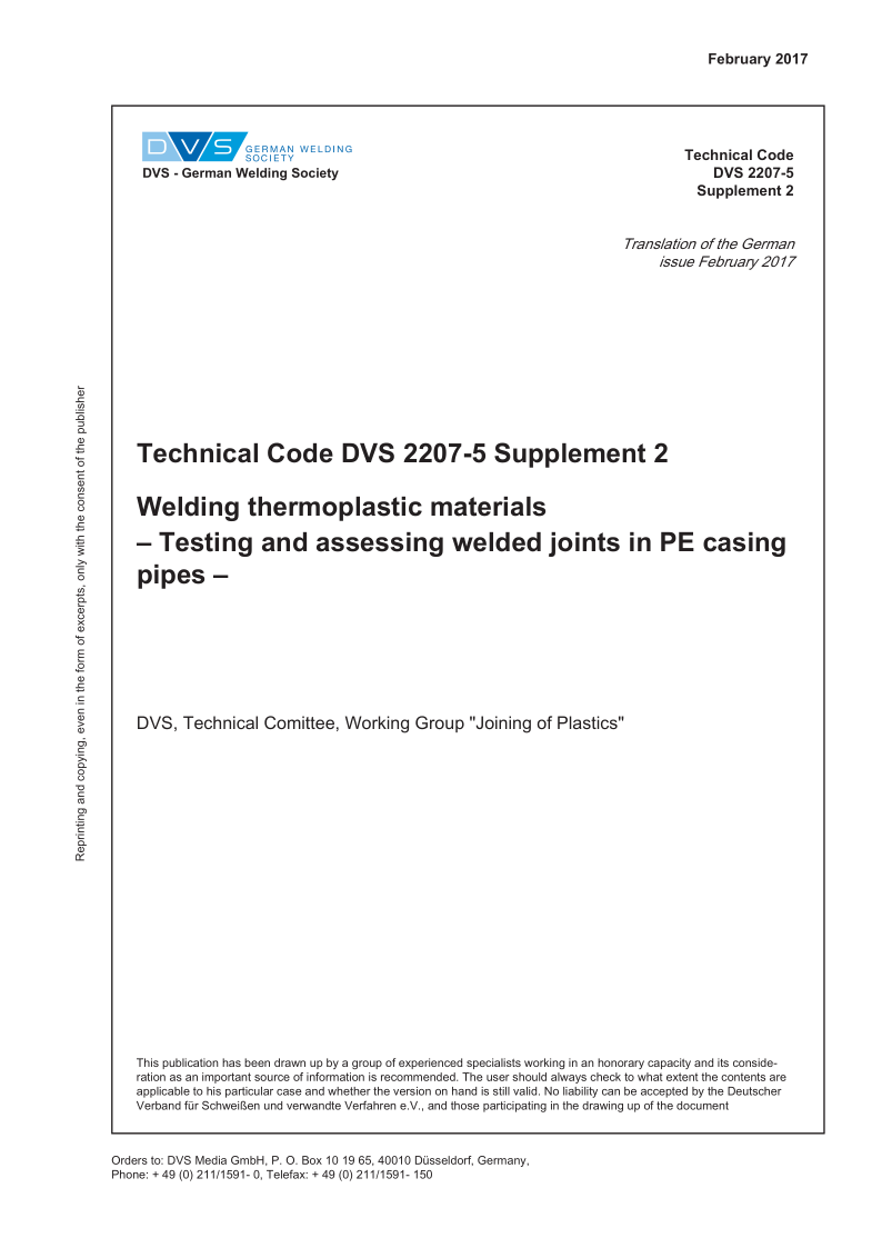 DVS 2207-5 BEIBLATT 2-2017 Welding thermoplastic materials - Testing and assessing welded joints in PE casing pipes