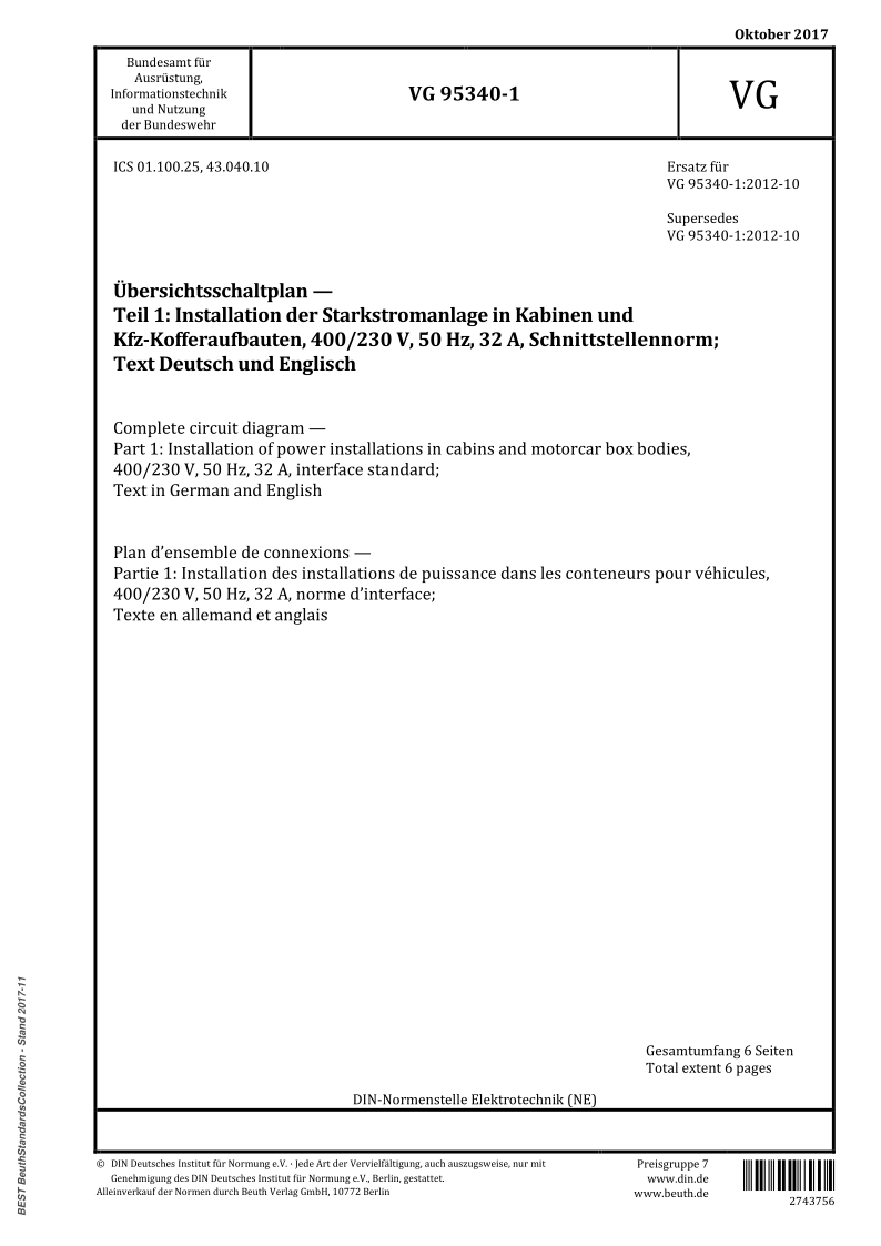 VG 95340-1-2017 Complete circuit diagram - Part 1: Installation of power installations in cabins and motorcar box ...