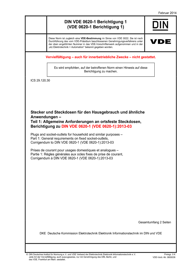 DIN VDE 0620-1Berichtigung1-2014 家用和类似用途插接装置.第1部分:一般要求
