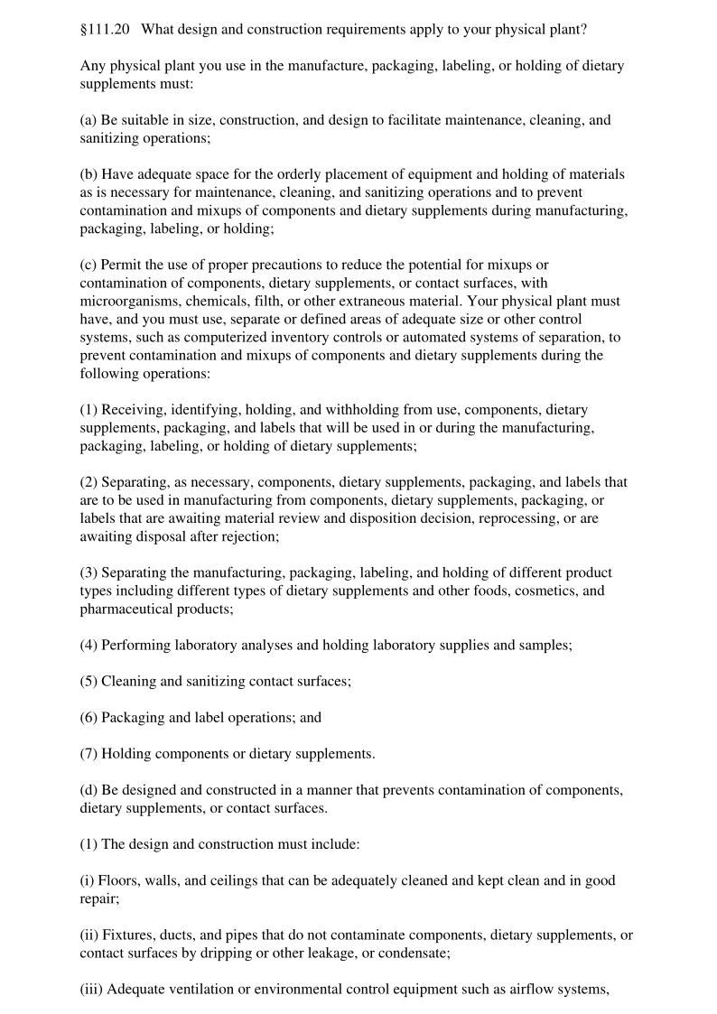 21CFR 111.20-2018 你的厂房设计和建造适用哪些要求