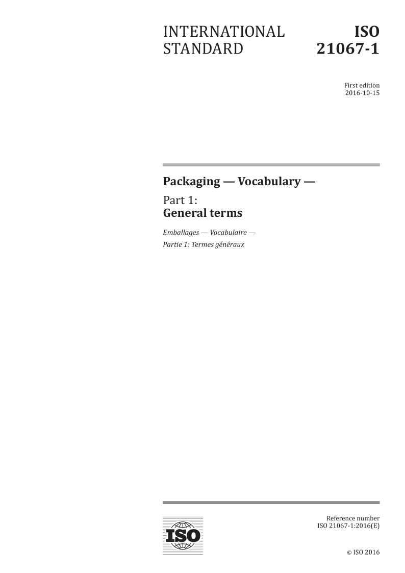 ISO 21067-1-2016 Packaging -- Vocabulary -- Part 1: General terms